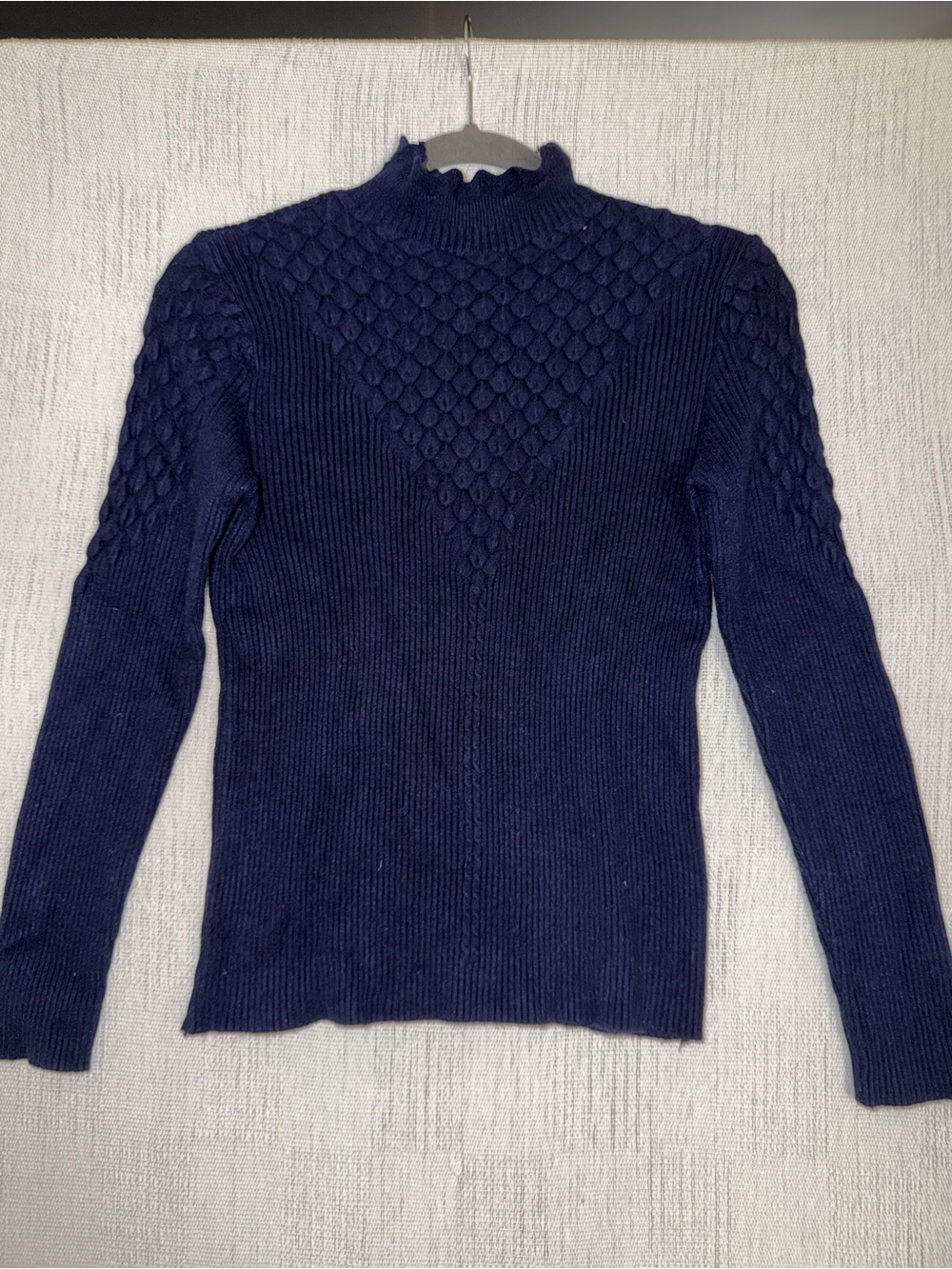 TC Fashion VTG Inspired Navy Mock Neck Scallop Cotton Sweater S Cottage Core